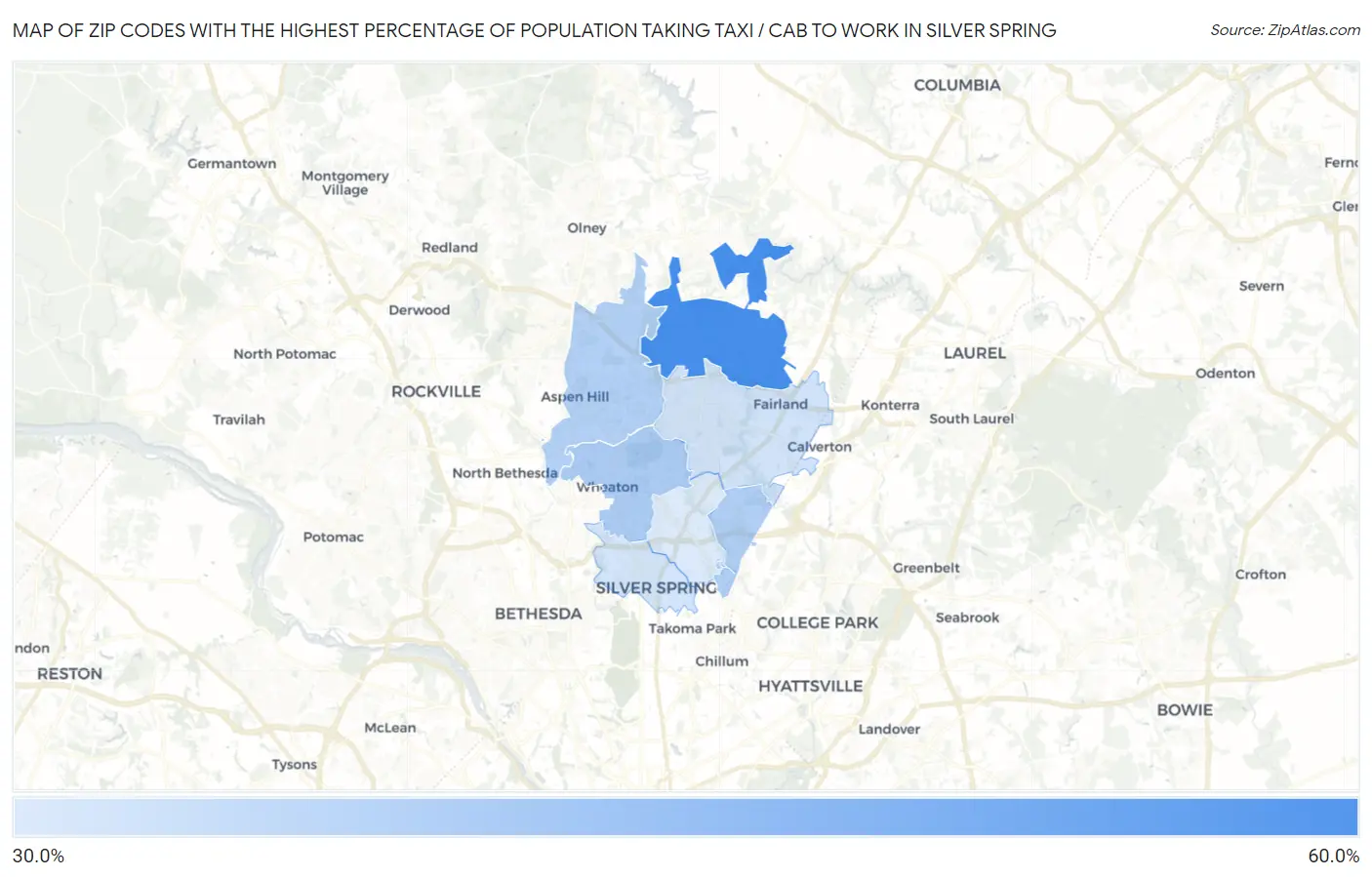 Zip Codes with the Highest Percentage of Population Taking Taxi / Cab to Work in Silver Spring Map
