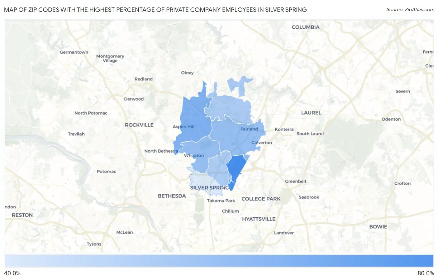Zip Codes with the Highest Percentage of Private Company Employees in Silver Spring Map