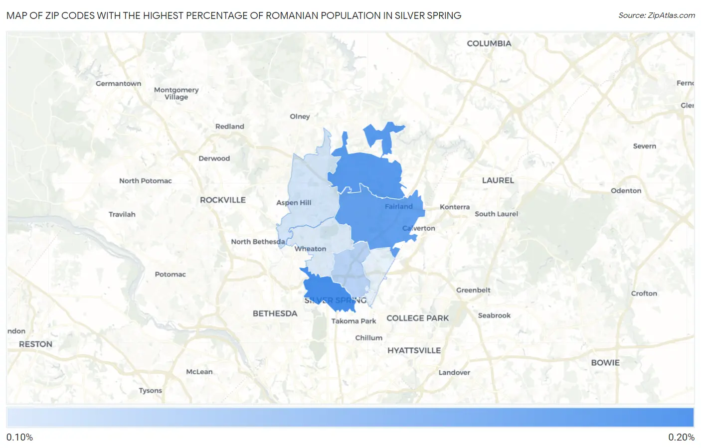 Zip Codes with the Highest Percentage of Romanian Population in Silver Spring Map