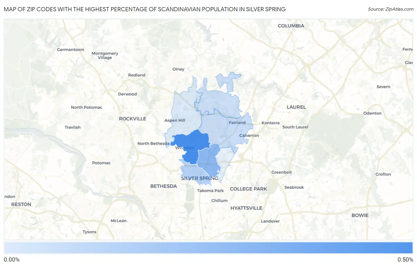 Zip Codes with the Highest Percentage of Scandinavian Population in Silver Spring Map