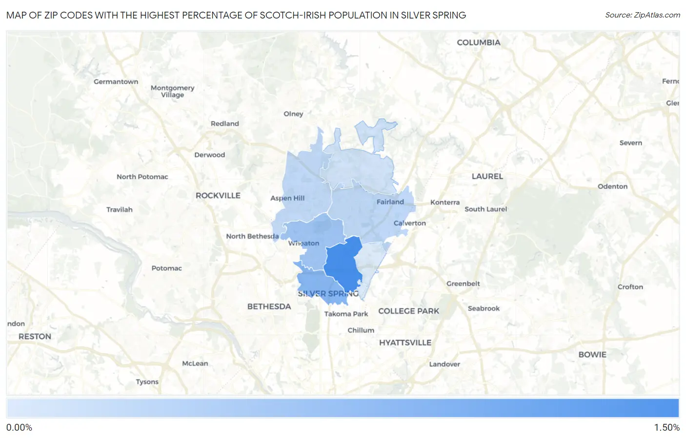 Zip Codes with the Highest Percentage of Scotch-Irish Population in Silver Spring Map