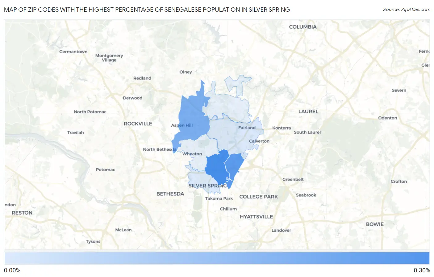 Zip Codes with the Highest Percentage of Senegalese Population in Silver Spring Map