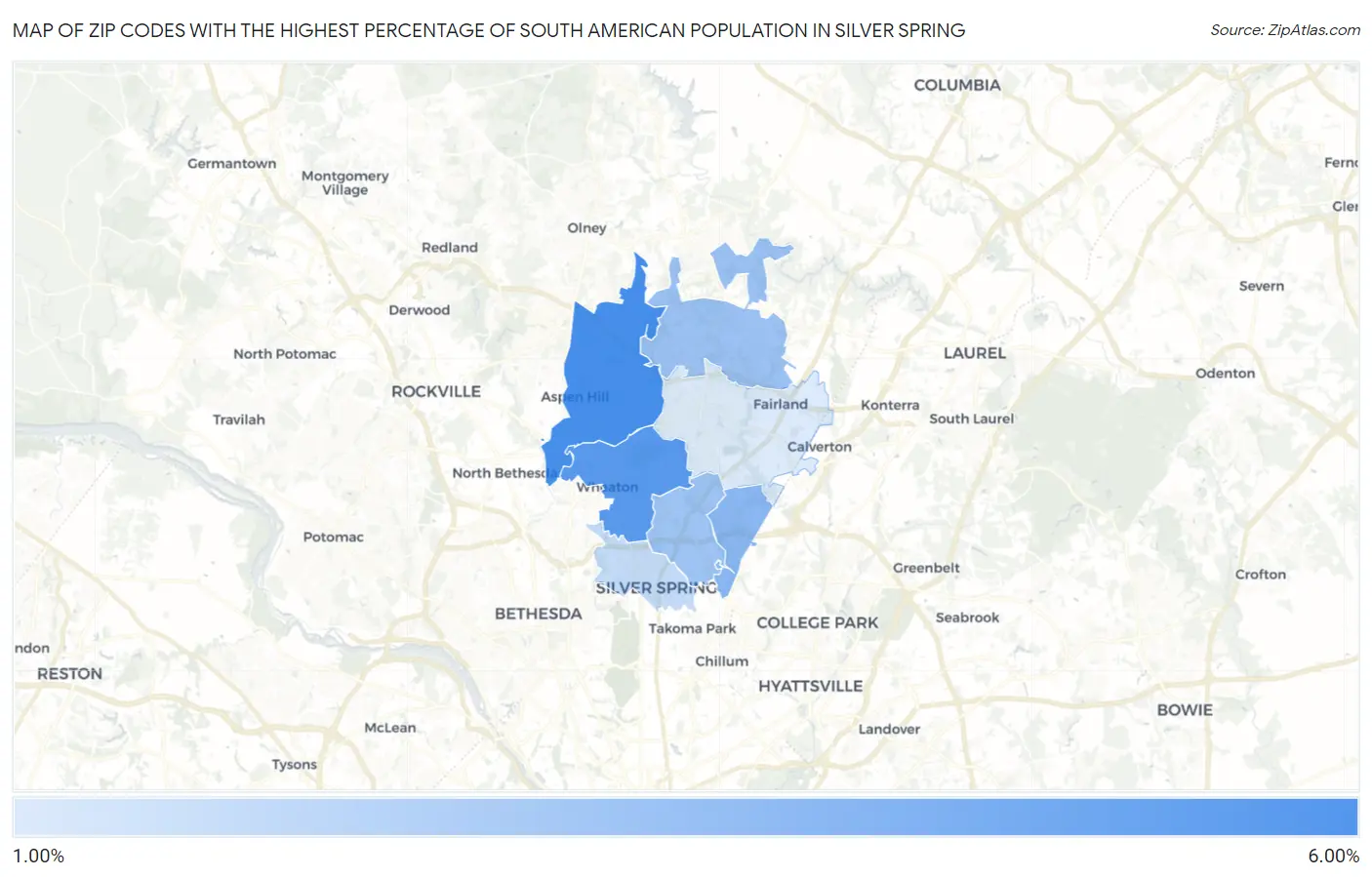 Zip Codes with the Highest Percentage of South American Population in Silver Spring Map