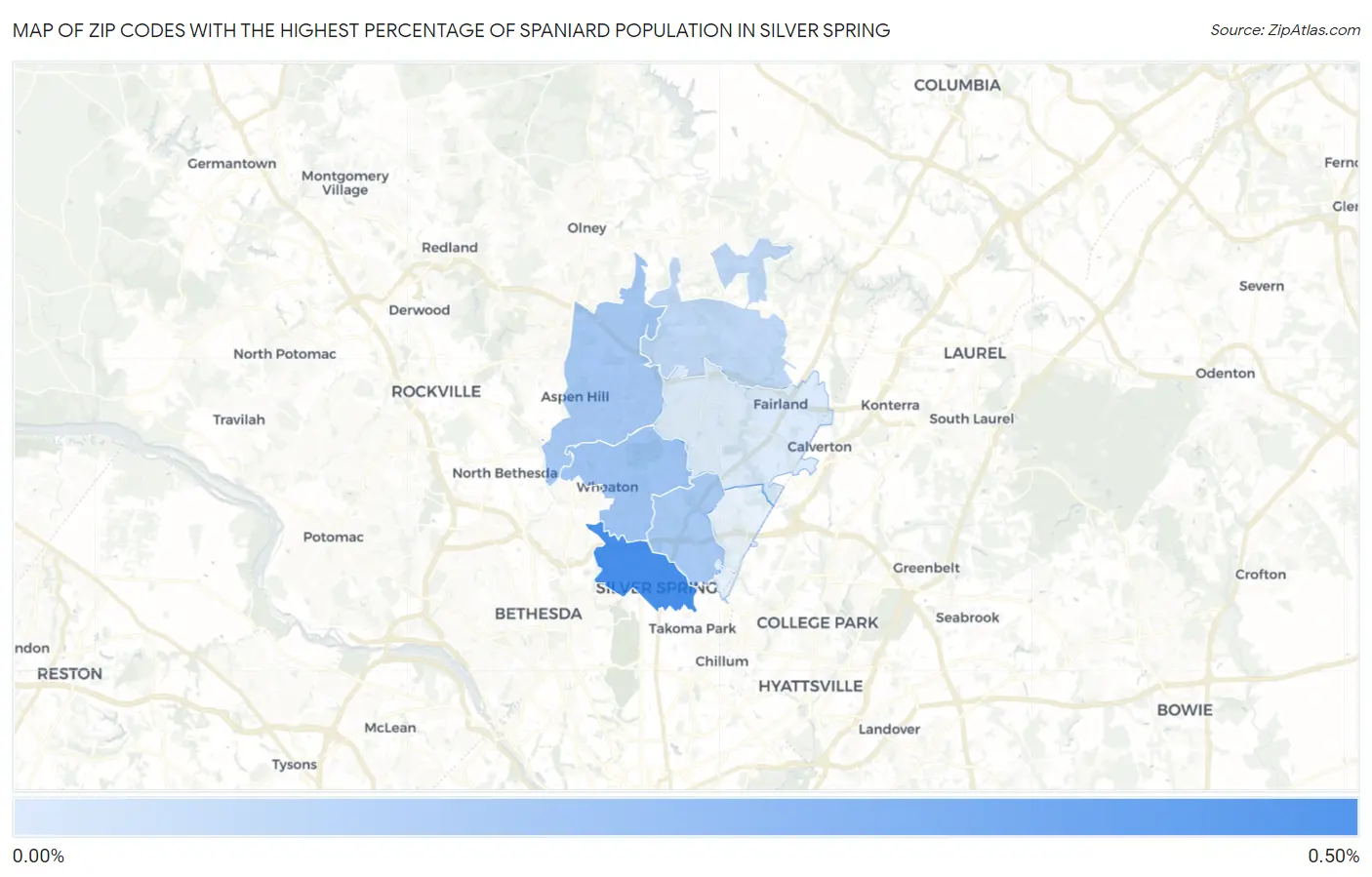 Zip Codes with the Highest Percentage of Spaniard Population in Silver Spring Map