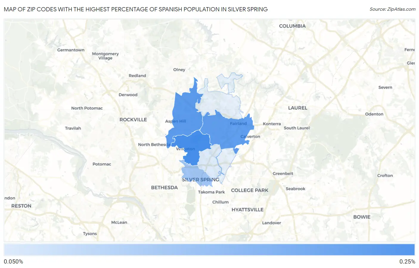 Zip Codes with the Highest Percentage of Spanish Population in Silver Spring Map