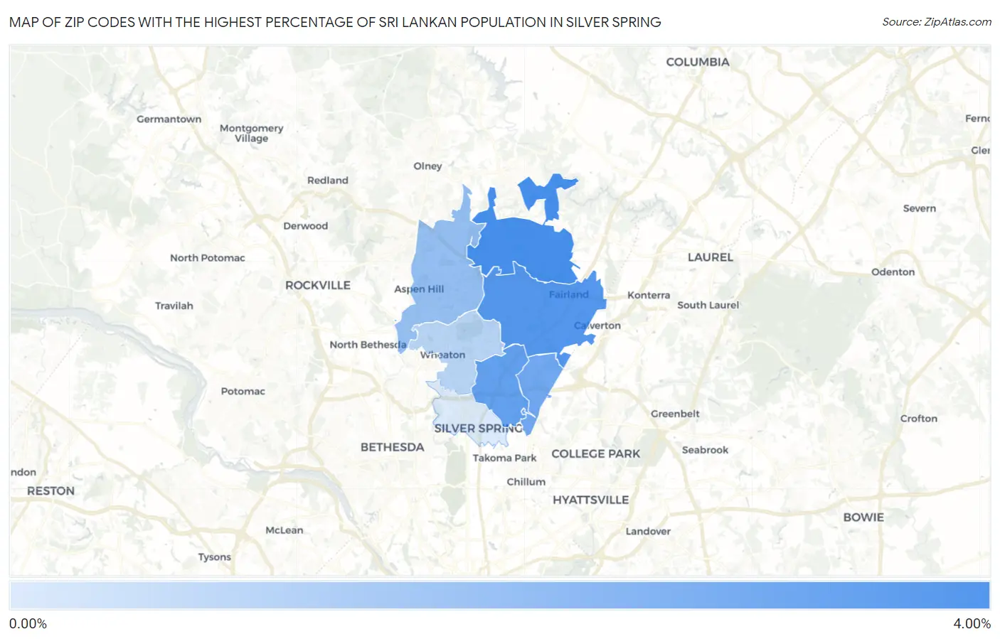 Zip Codes with the Highest Percentage of Sri Lankan Population in Silver Spring Map