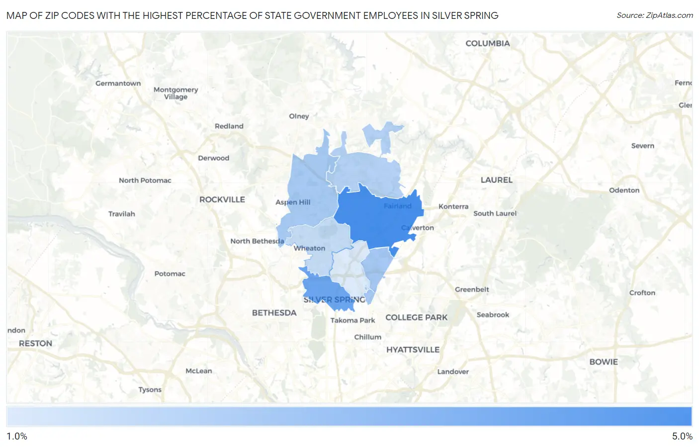 Zip Codes with the Highest Percentage of State Government Employees in Silver Spring Map