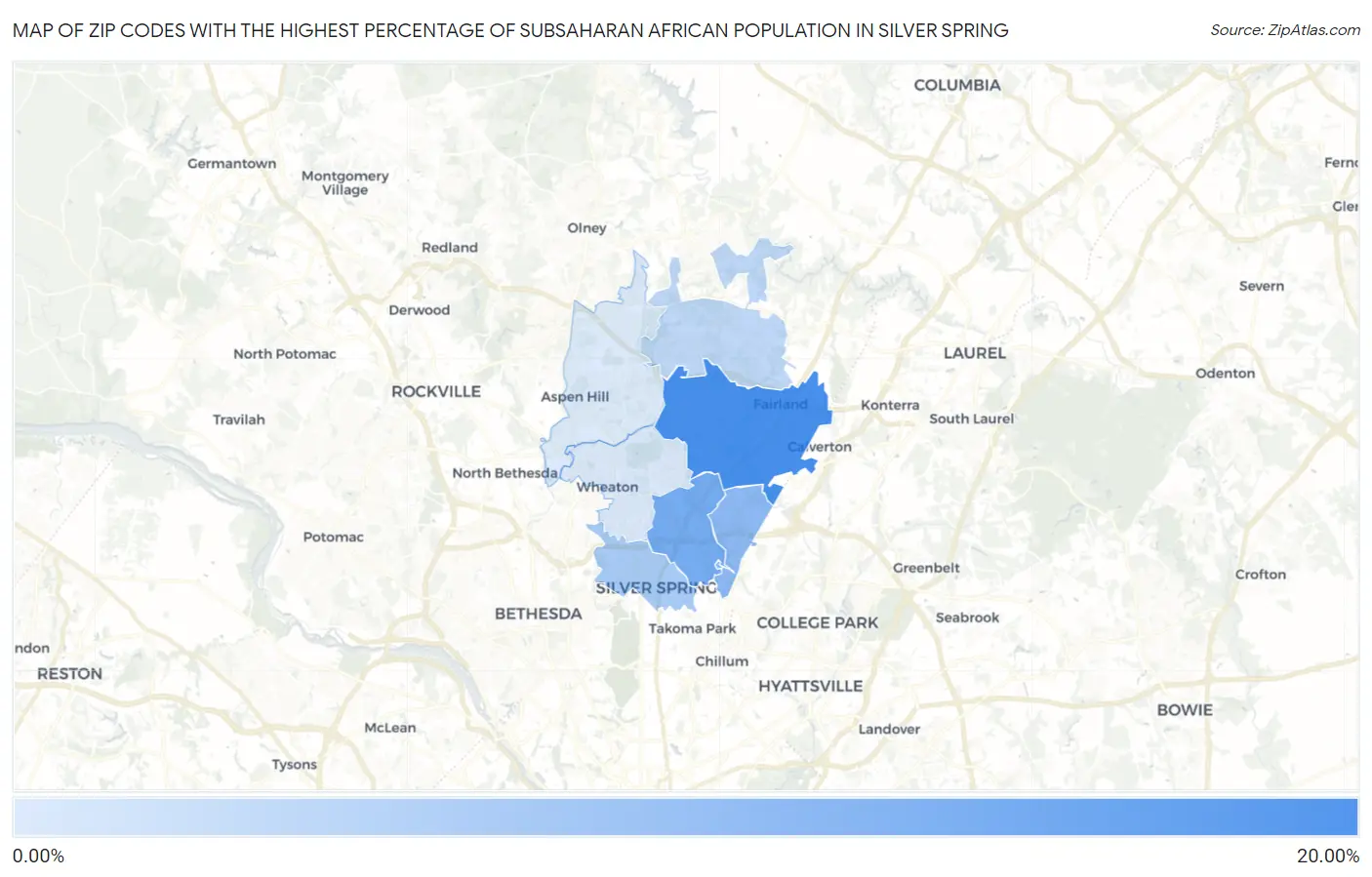 Zip Codes with the Highest Percentage of Subsaharan African Population in Silver Spring Map