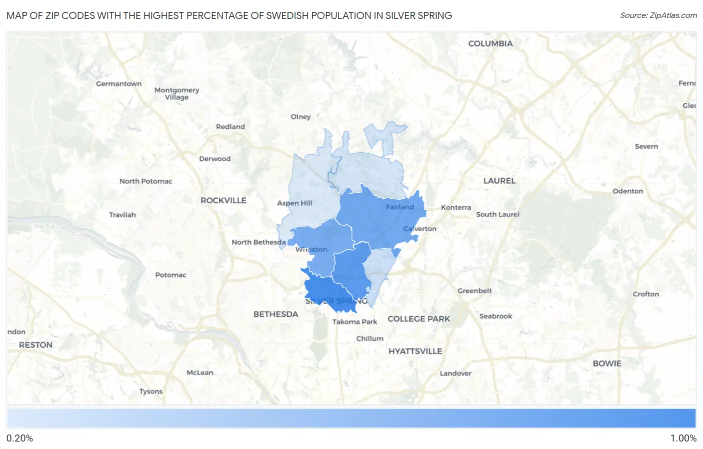 Zip Codes with the Highest Percentage of Swedish Population in Silver Spring Map