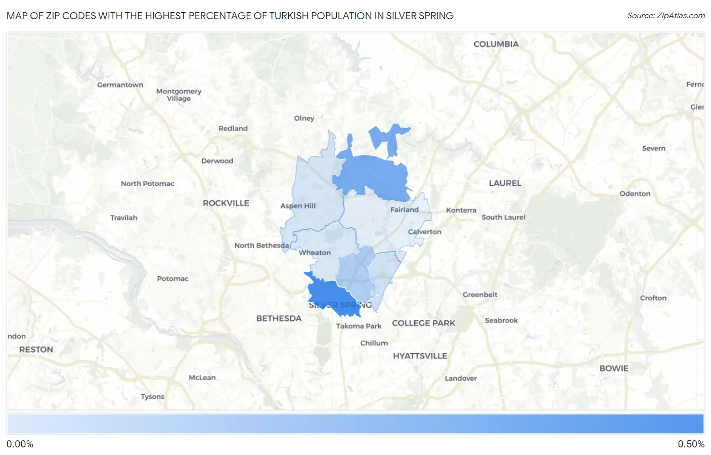 Zip Codes with the Highest Percentage of Turkish Population in Silver Spring Map