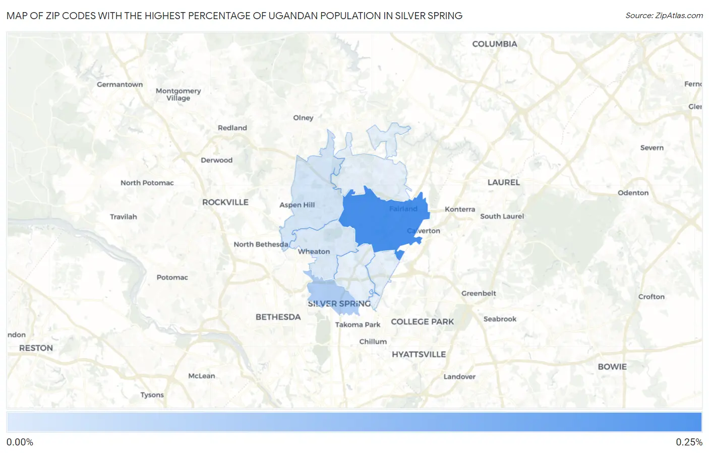 Zip Codes with the Highest Percentage of Ugandan Population in Silver Spring Map