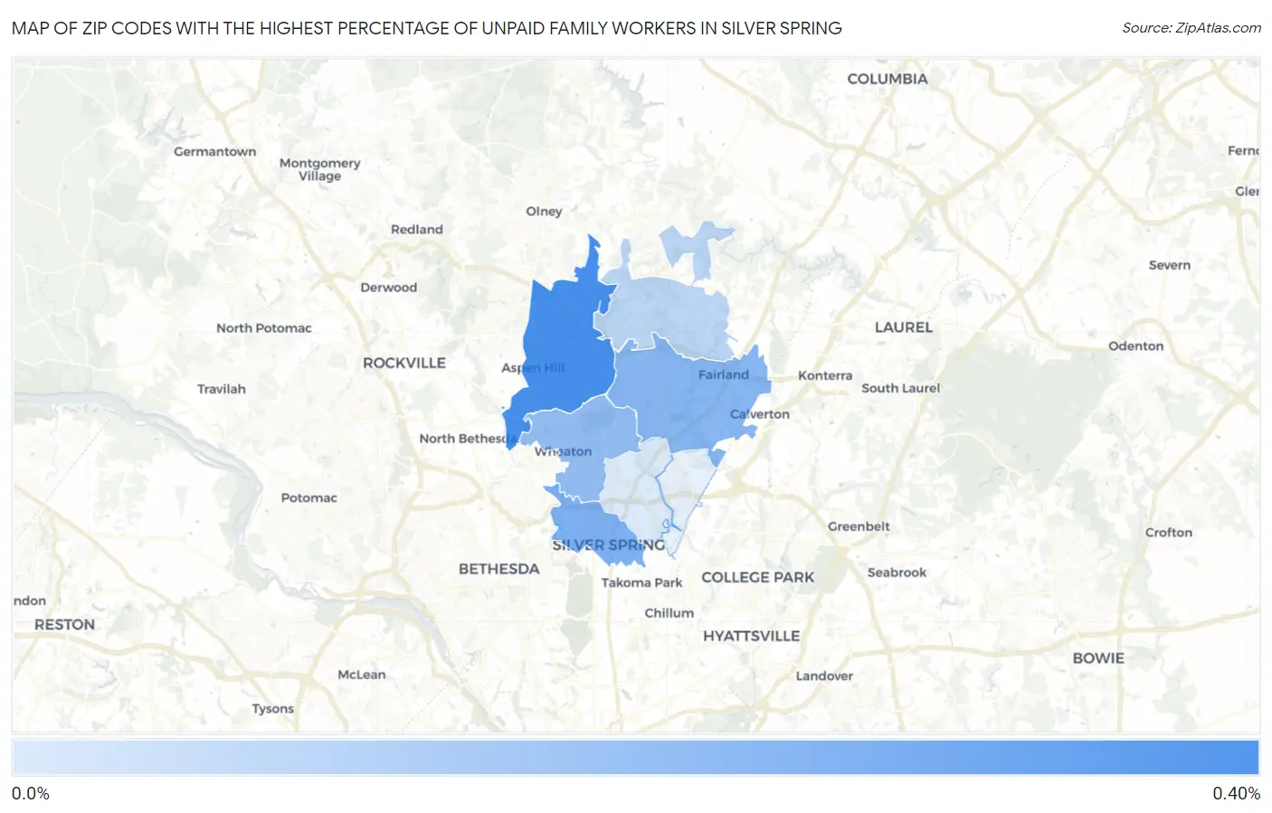 Zip Codes with the Highest Percentage of Unpaid Family Workers in Silver Spring Map