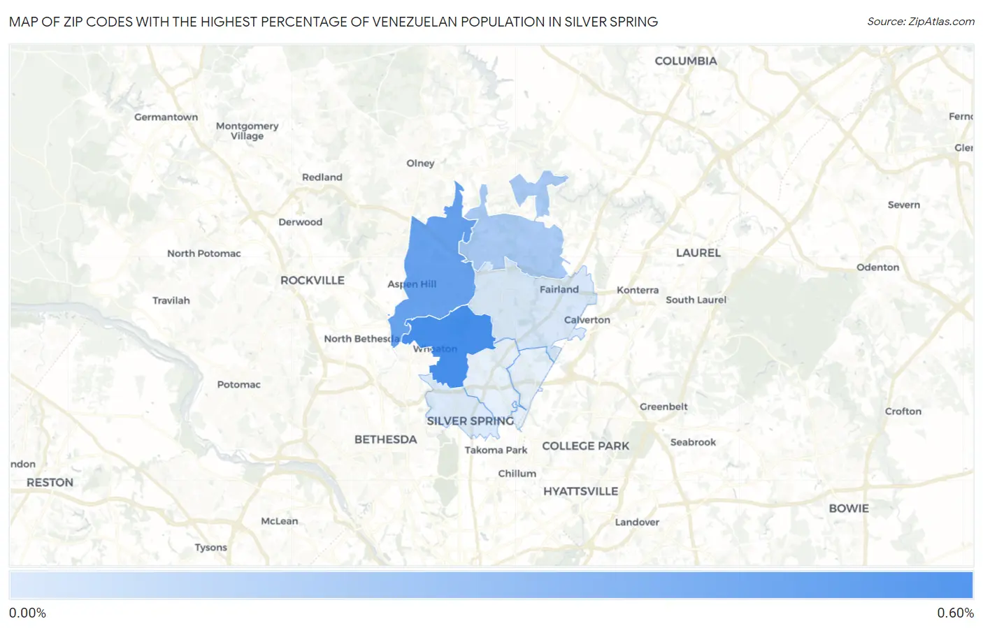 Zip Codes with the Highest Percentage of Venezuelan Population in Silver Spring Map