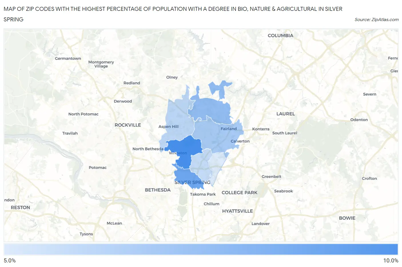 Zip Codes with the Highest Percentage of Population with a Degree in Bio, Nature & Agricultural in Silver Spring Map