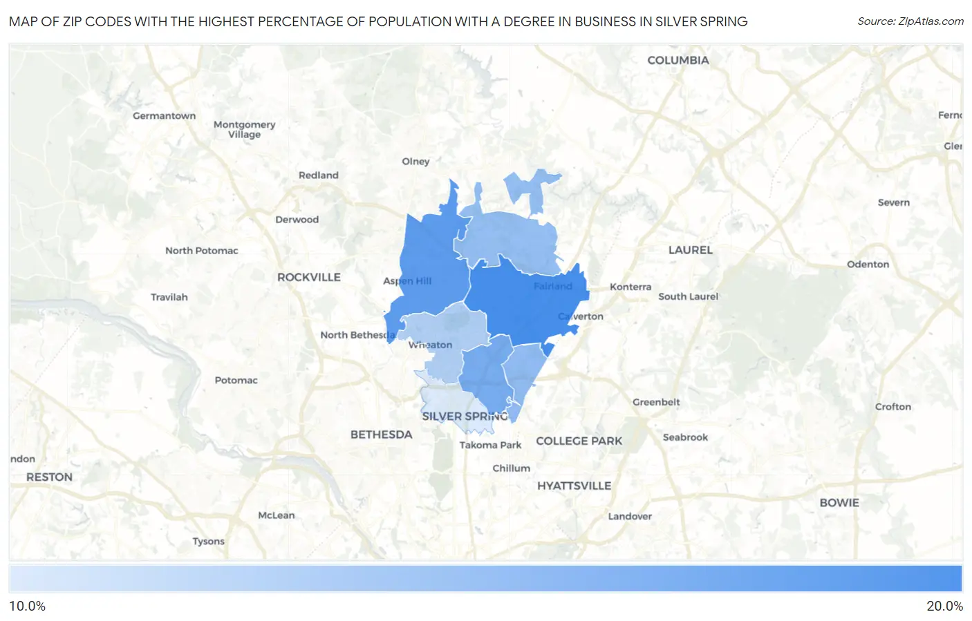 Zip Codes with the Highest Percentage of Population with a Degree in Business in Silver Spring Map