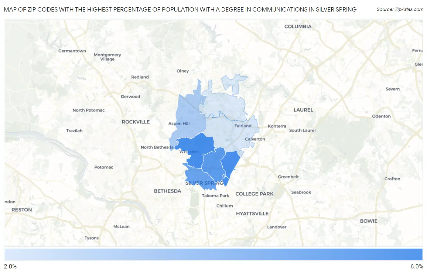 Zip Codes with the Highest Percentage of Population with a Degree in Communications in Silver Spring Map