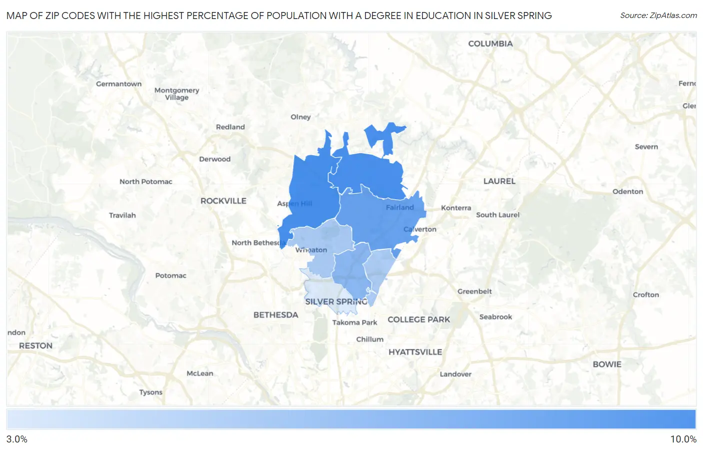 Zip Codes with the Highest Percentage of Population with a Degree in Education in Silver Spring Map