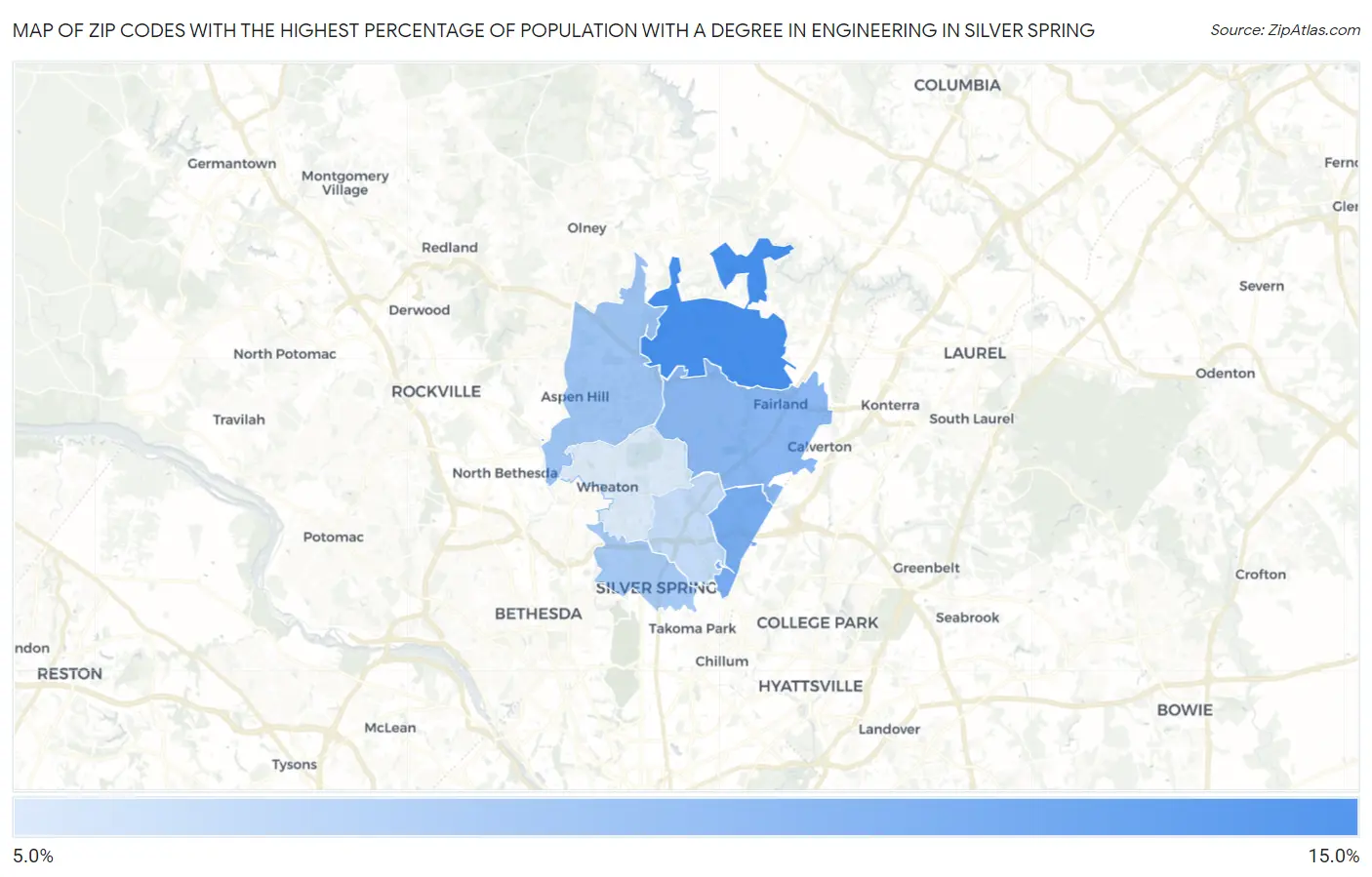 Zip Codes with the Highest Percentage of Population with a Degree in Engineering in Silver Spring Map