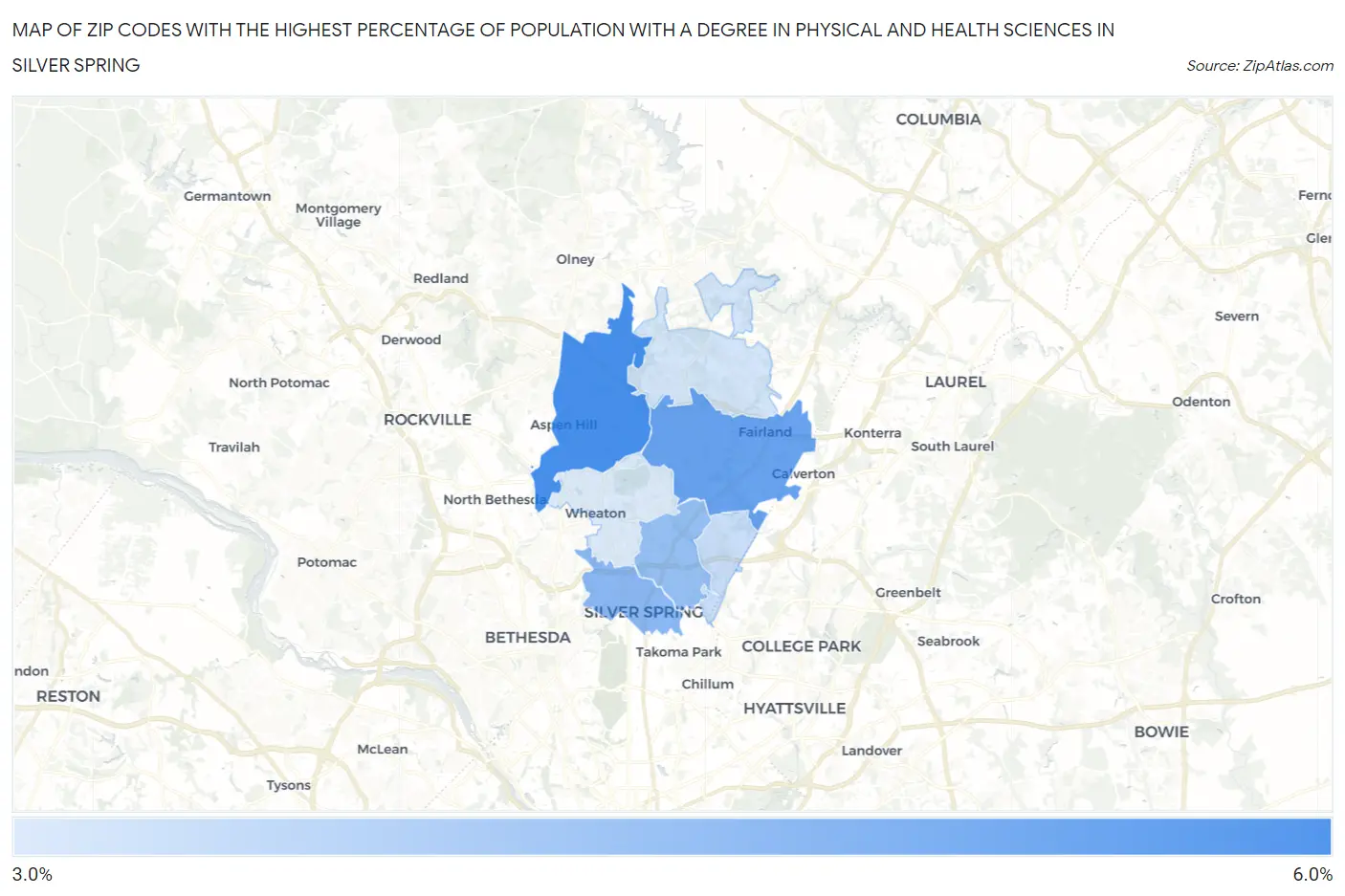 Zip Codes with the Highest Percentage of Population with a Degree in Physical and Health Sciences in Silver Spring Map