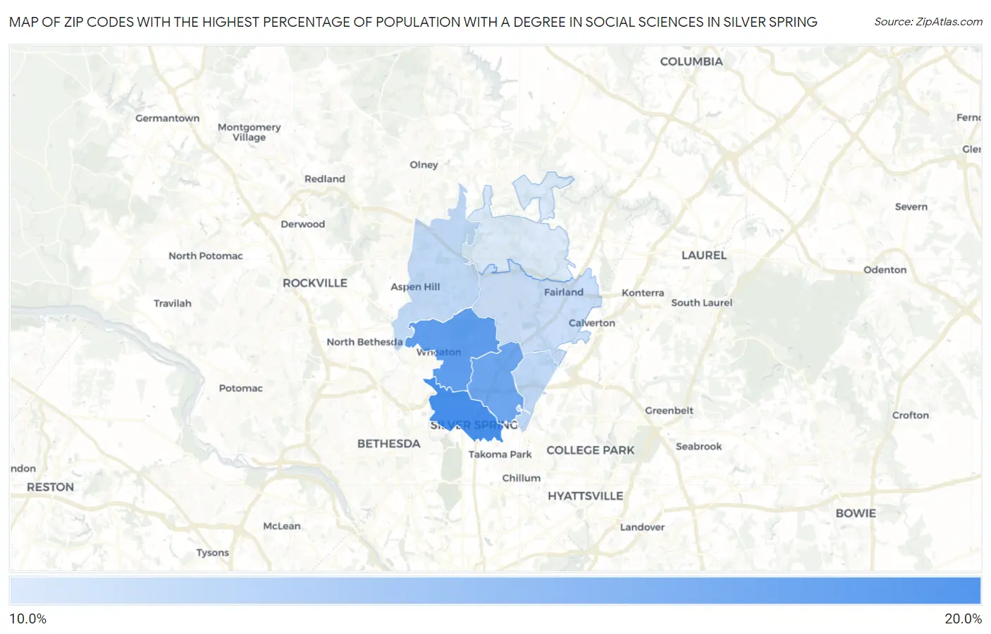 Zip Codes with the Highest Percentage of Population with a Degree in Social Sciences in Silver Spring Map