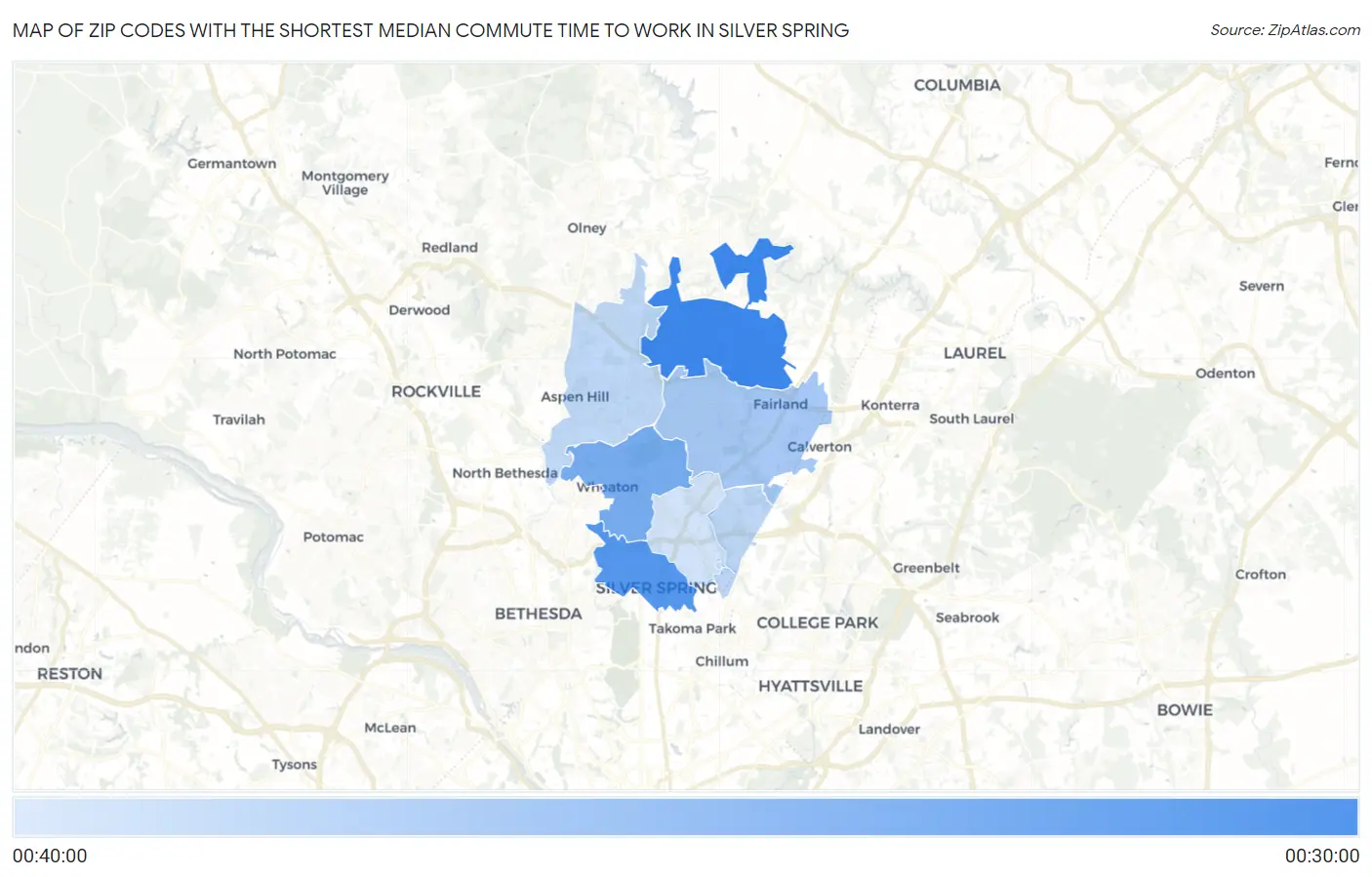 Zip Codes with the Shortest Median Commute Time to Work in Silver Spring Map