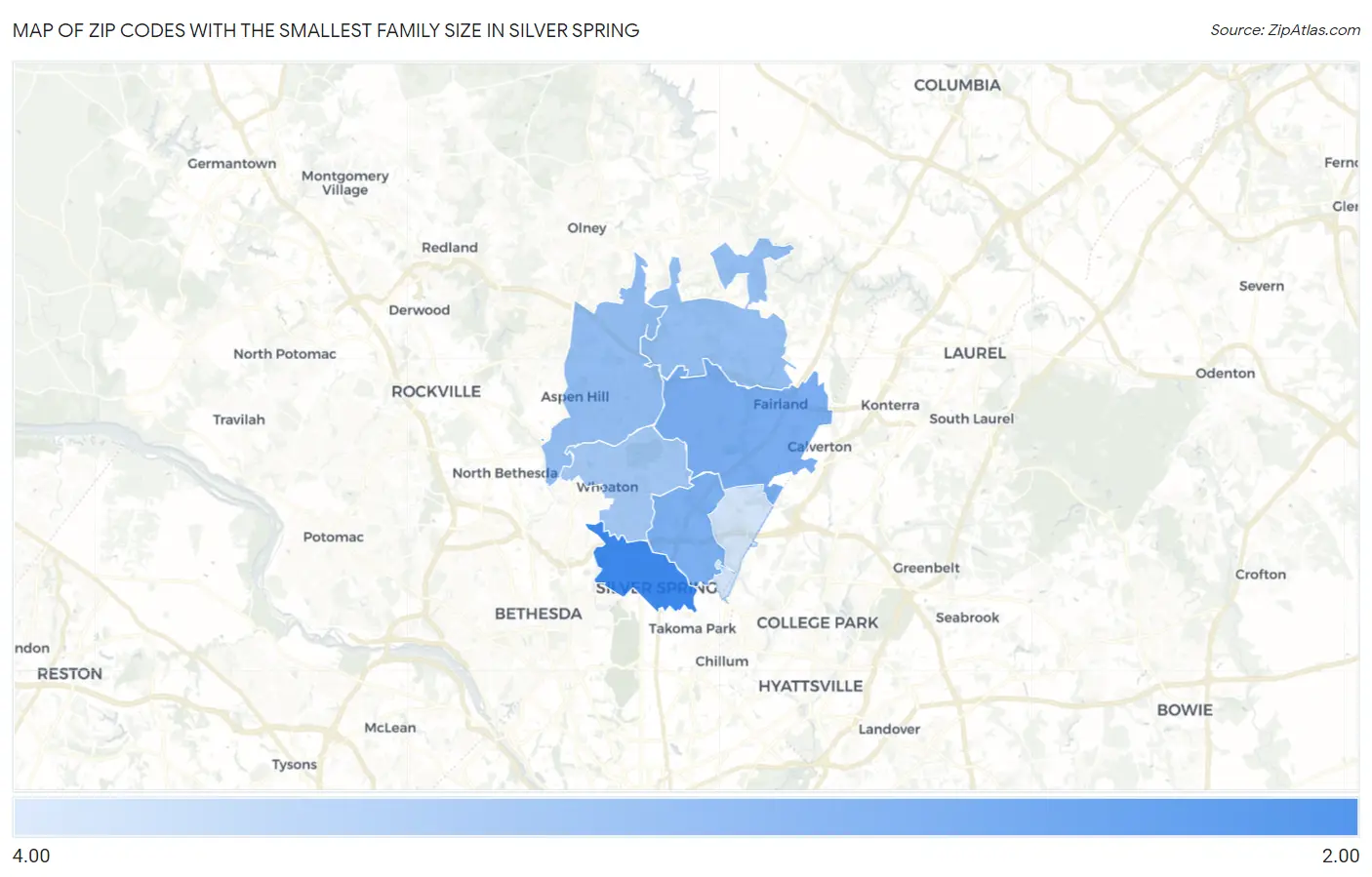 Zip Codes with the Smallest Family Size in Silver Spring Map