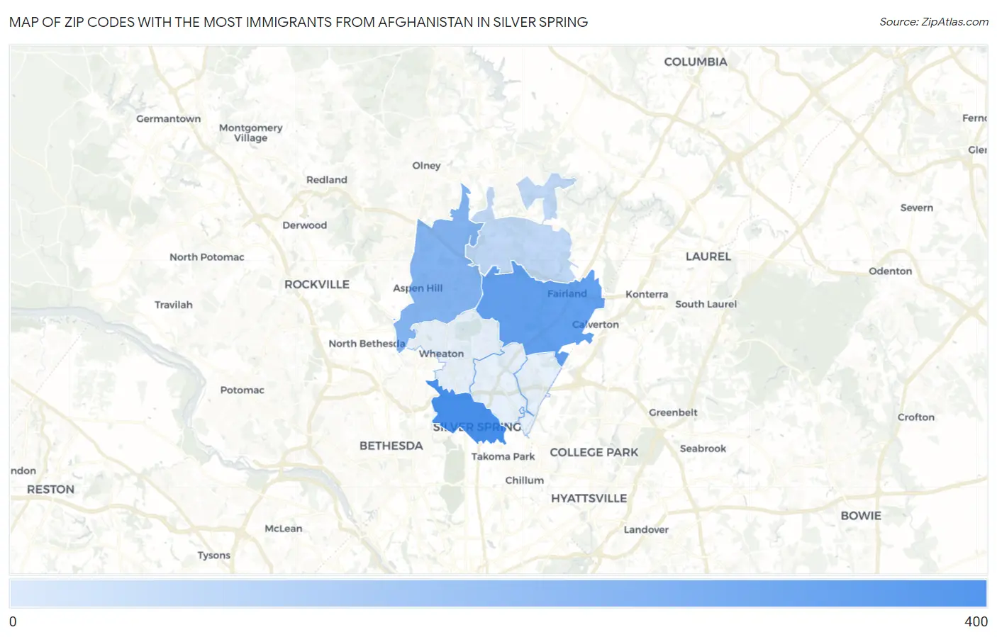 Zip Codes with the Most Immigrants from Afghanistan in Silver Spring Map