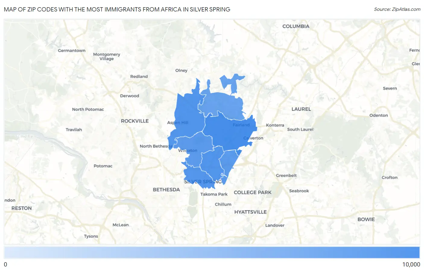 Zip Codes with the Most Immigrants from Africa in Silver Spring Map