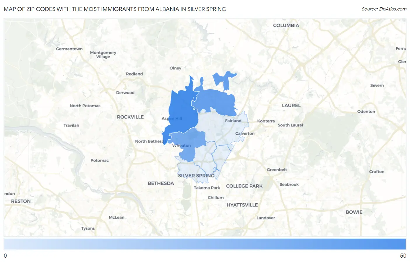 Zip Codes with the Most Immigrants from Albania in Silver Spring Map
