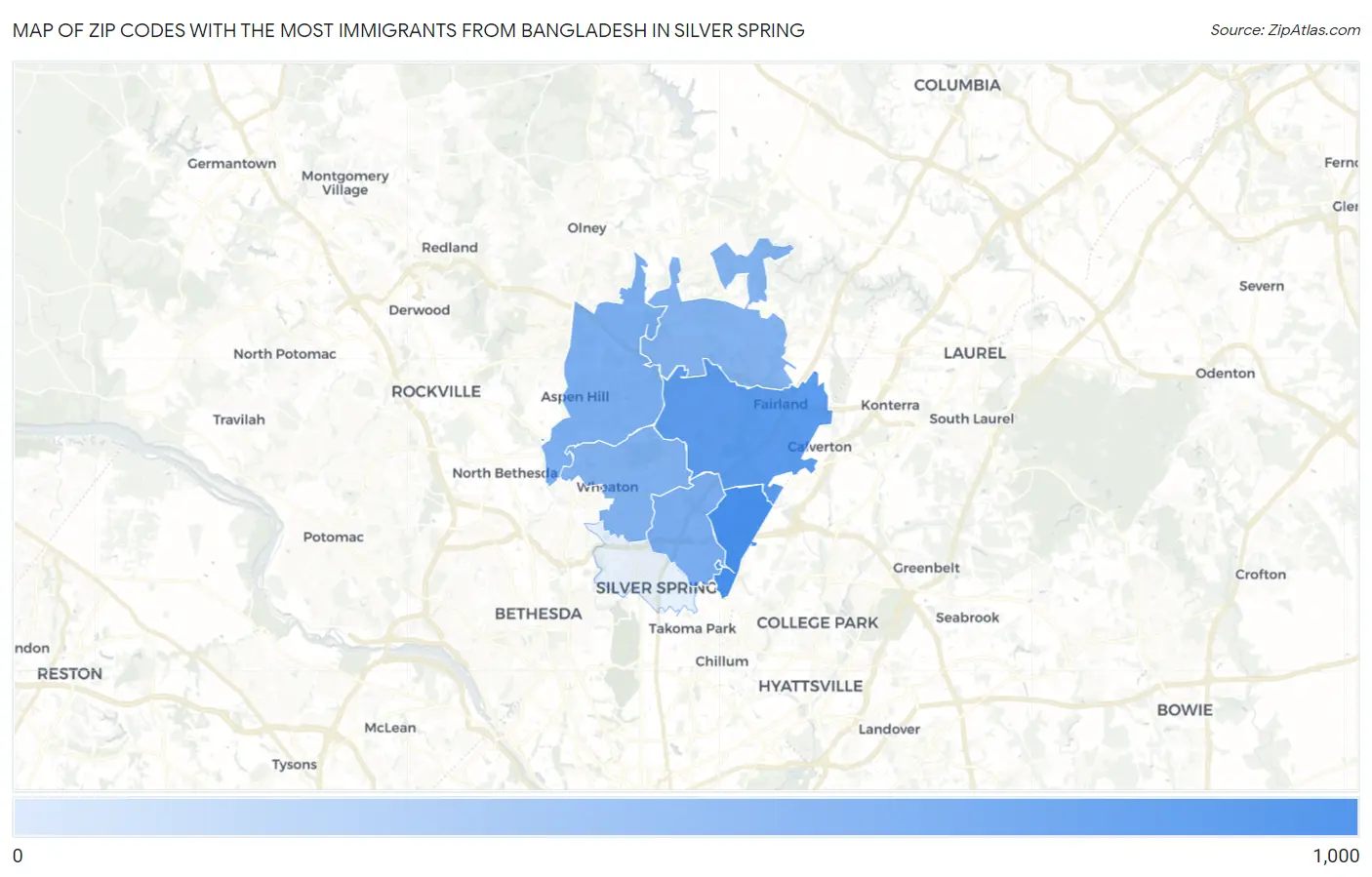 Zip Codes with the Most Immigrants from Bangladesh in Silver Spring Map