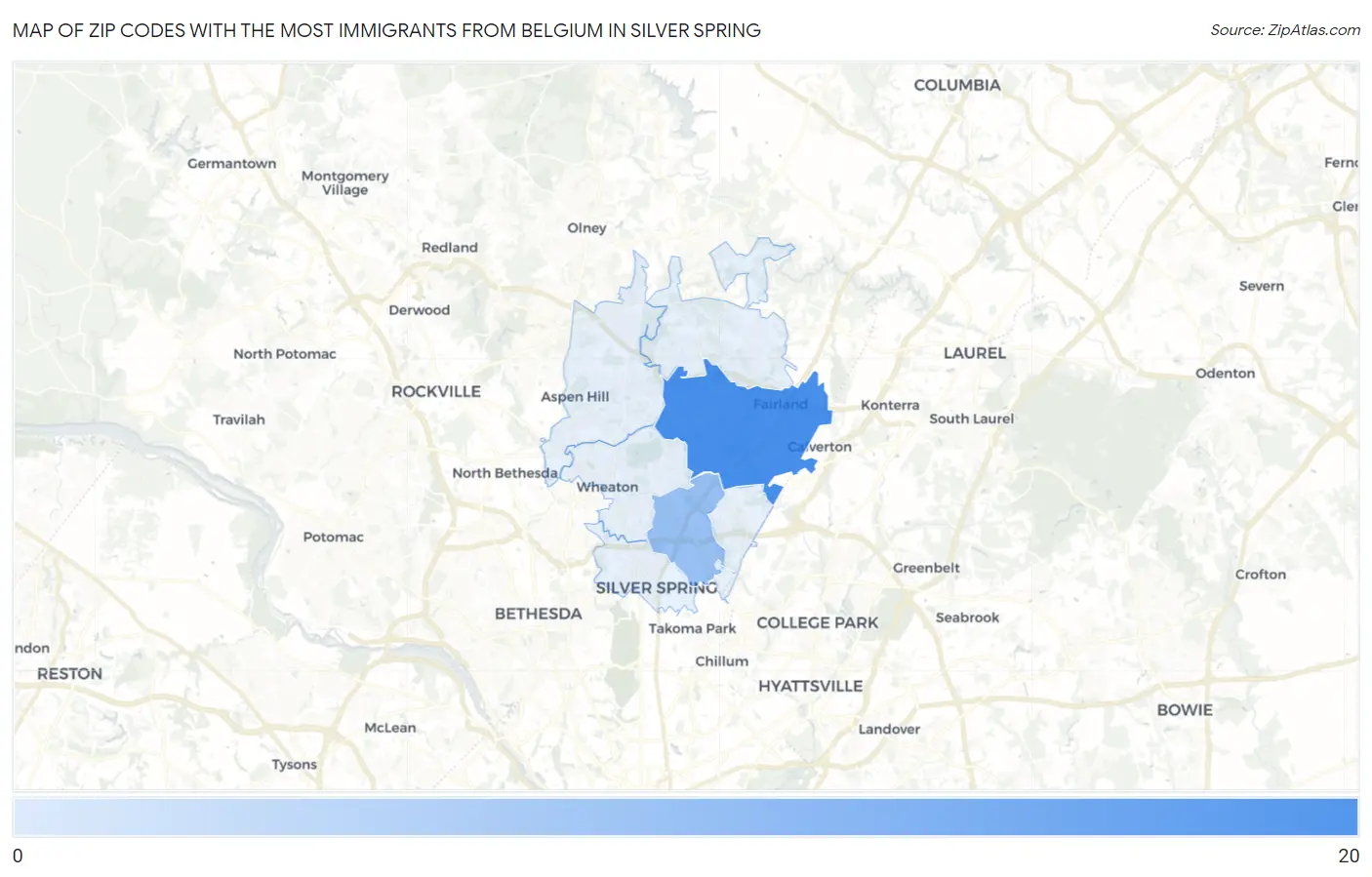 Zip Codes with the Most Immigrants from Belgium in Silver Spring Map