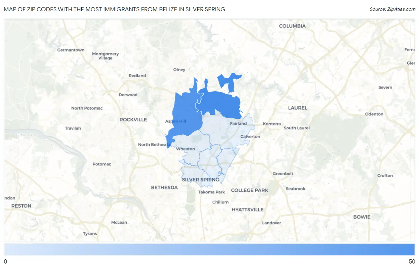 Zip Codes with the Most Immigrants from Belize in Silver Spring Map