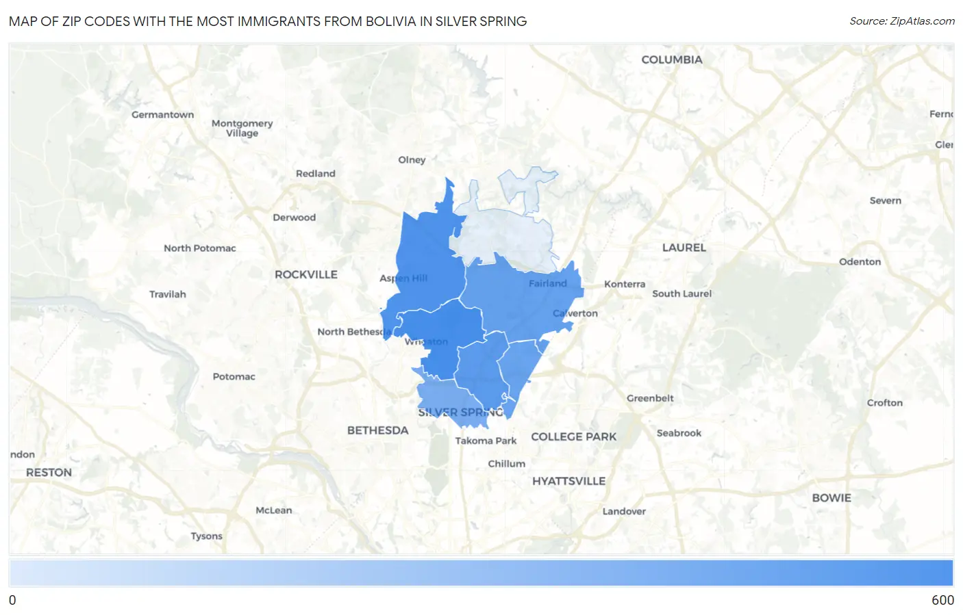 Zip Codes with the Most Immigrants from Bolivia in Silver Spring Map