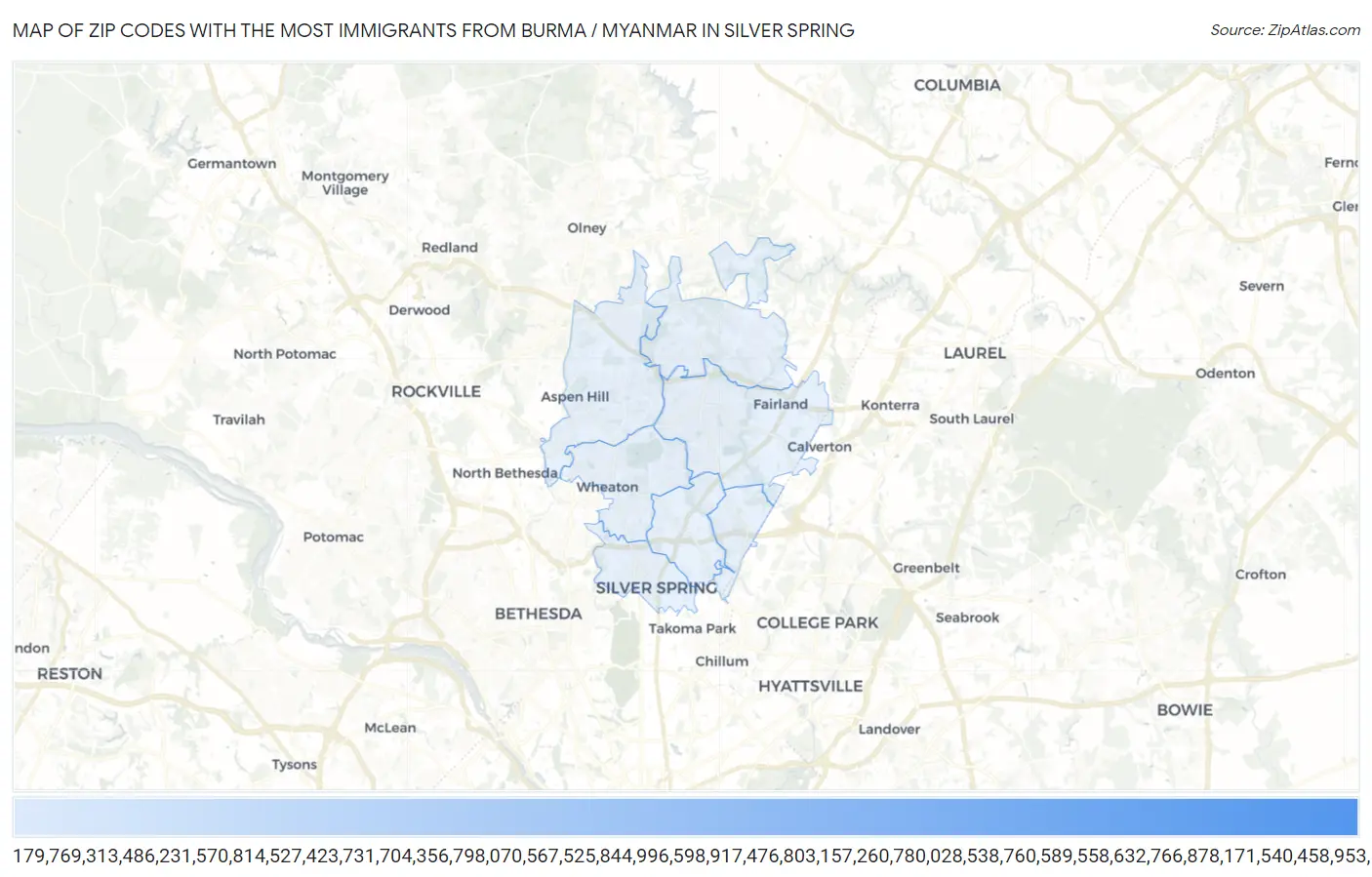 Zip Codes with the Most Immigrants from Burma / Myanmar in Silver Spring Map
