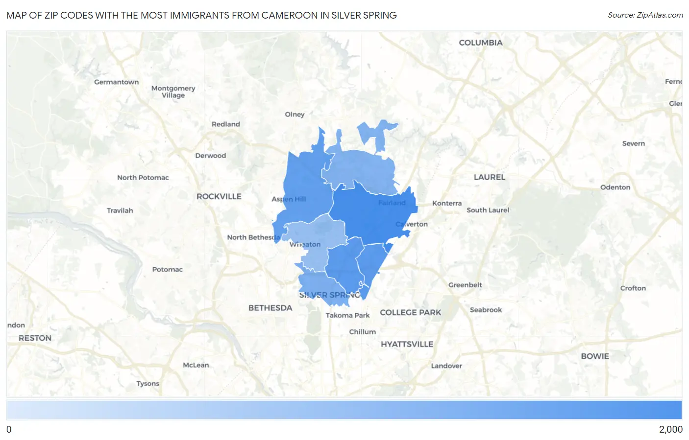 Zip Codes with the Most Immigrants from Cameroon in Silver Spring Map