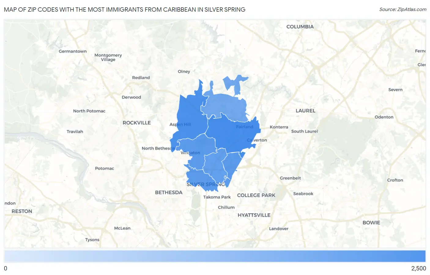 Zip Codes with the Most Immigrants from Caribbean in Silver Spring Map