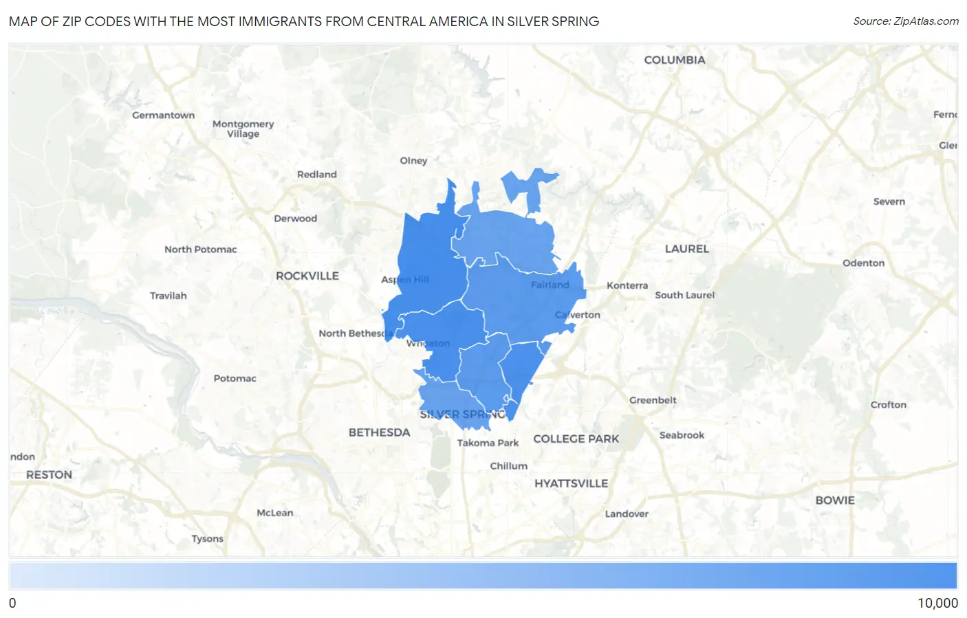Zip Codes with the Most Immigrants from Central America in Silver Spring Map