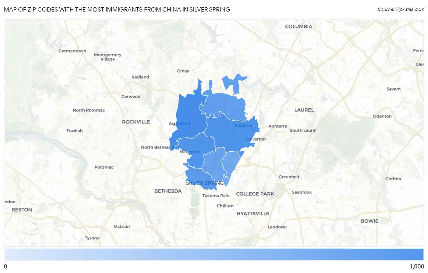Zip Codes with the Most Immigrants from China in Silver Spring Map