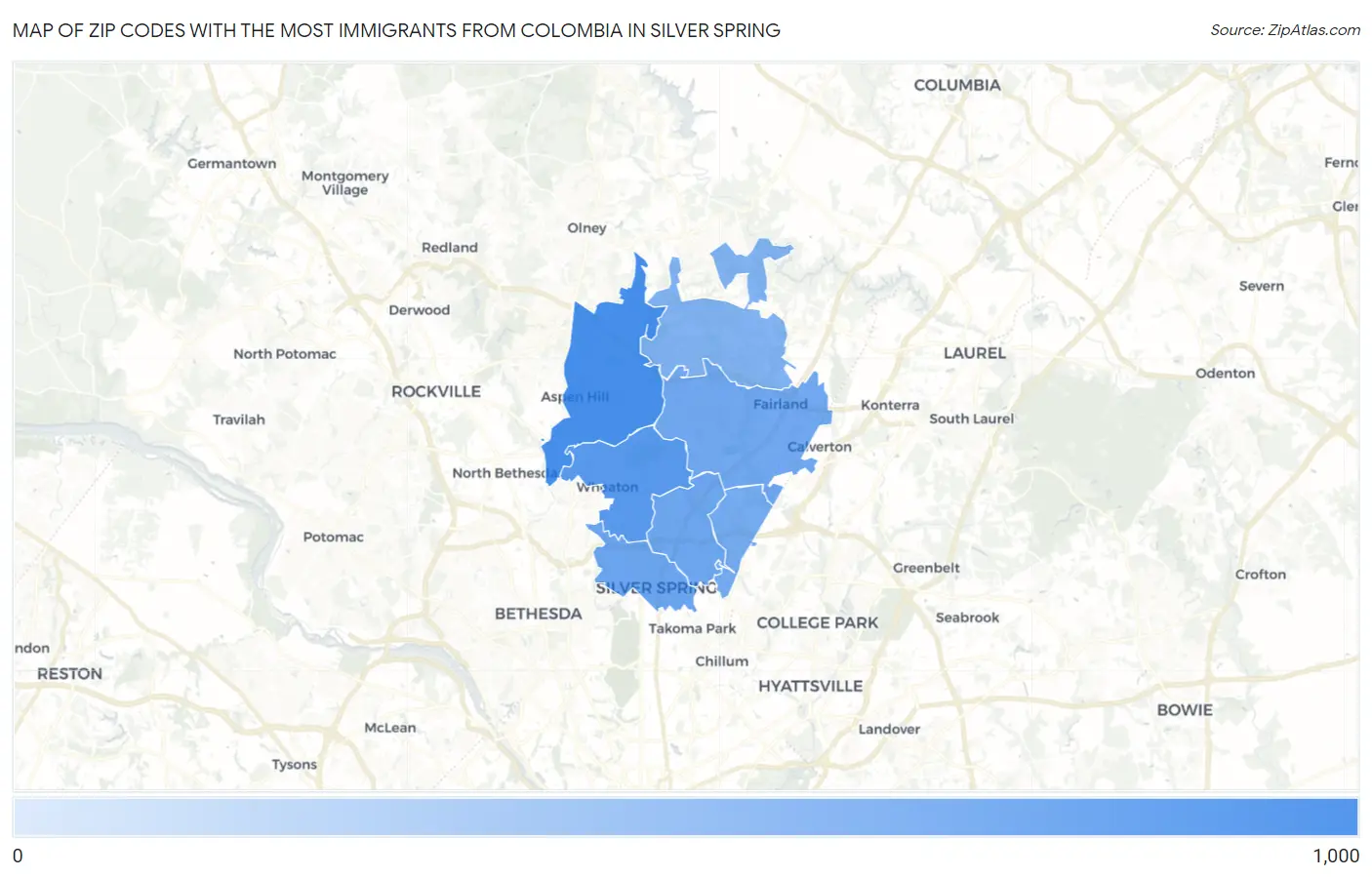 Zip Codes with the Most Immigrants from Colombia in Silver Spring Map