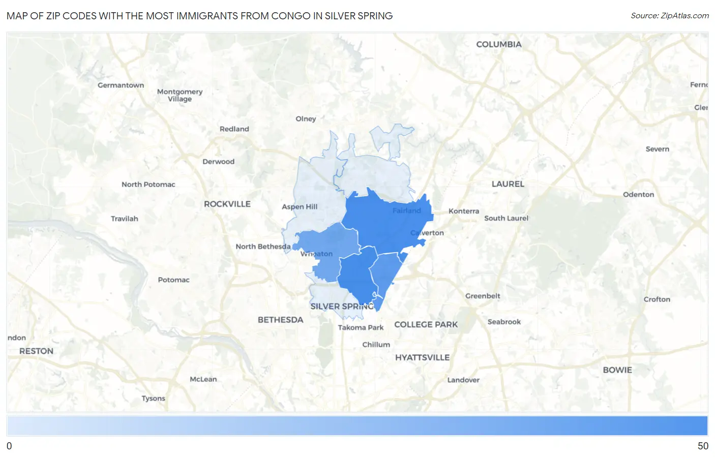 Zip Codes with the Most Immigrants from Congo in Silver Spring Map