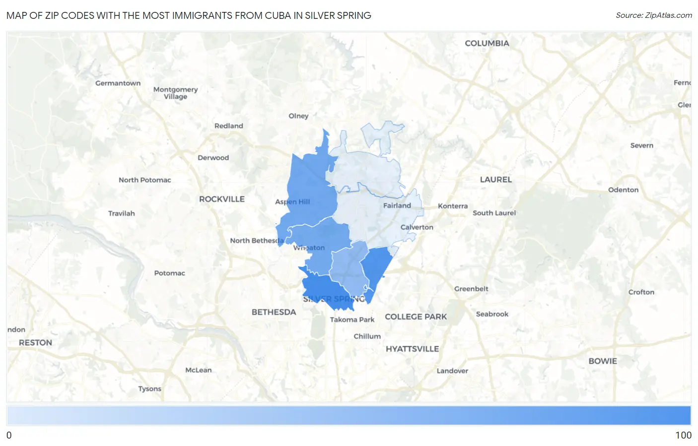 Zip Codes with the Most Immigrants from Cuba in Silver Spring Map