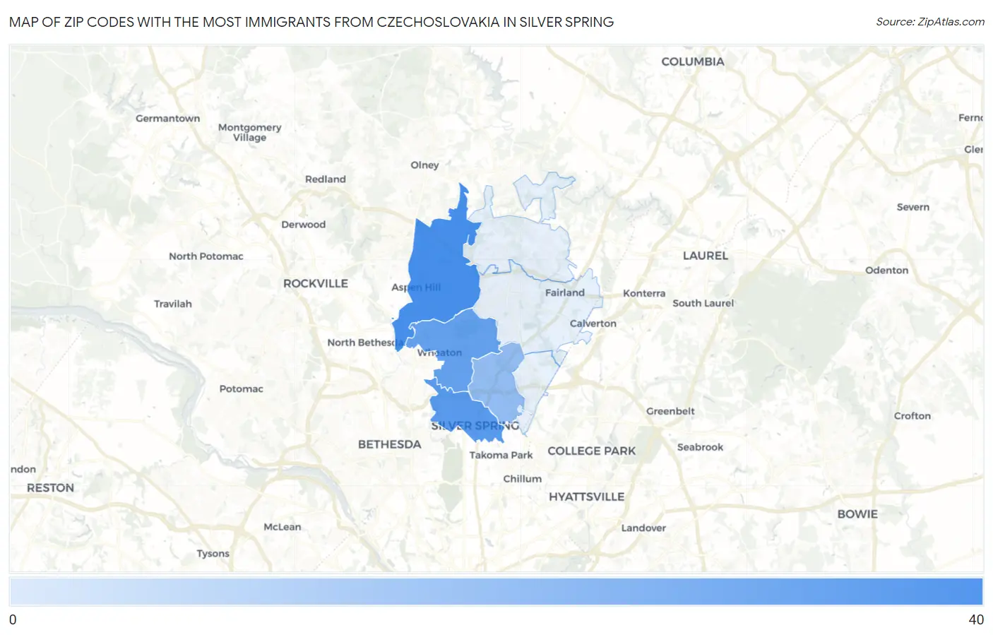 Zip Codes with the Most Immigrants from Czechoslovakia in Silver Spring Map
