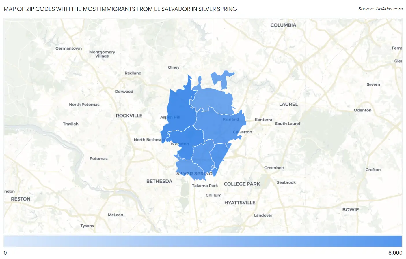Zip Codes with the Most Immigrants from El Salvador in Silver Spring Map