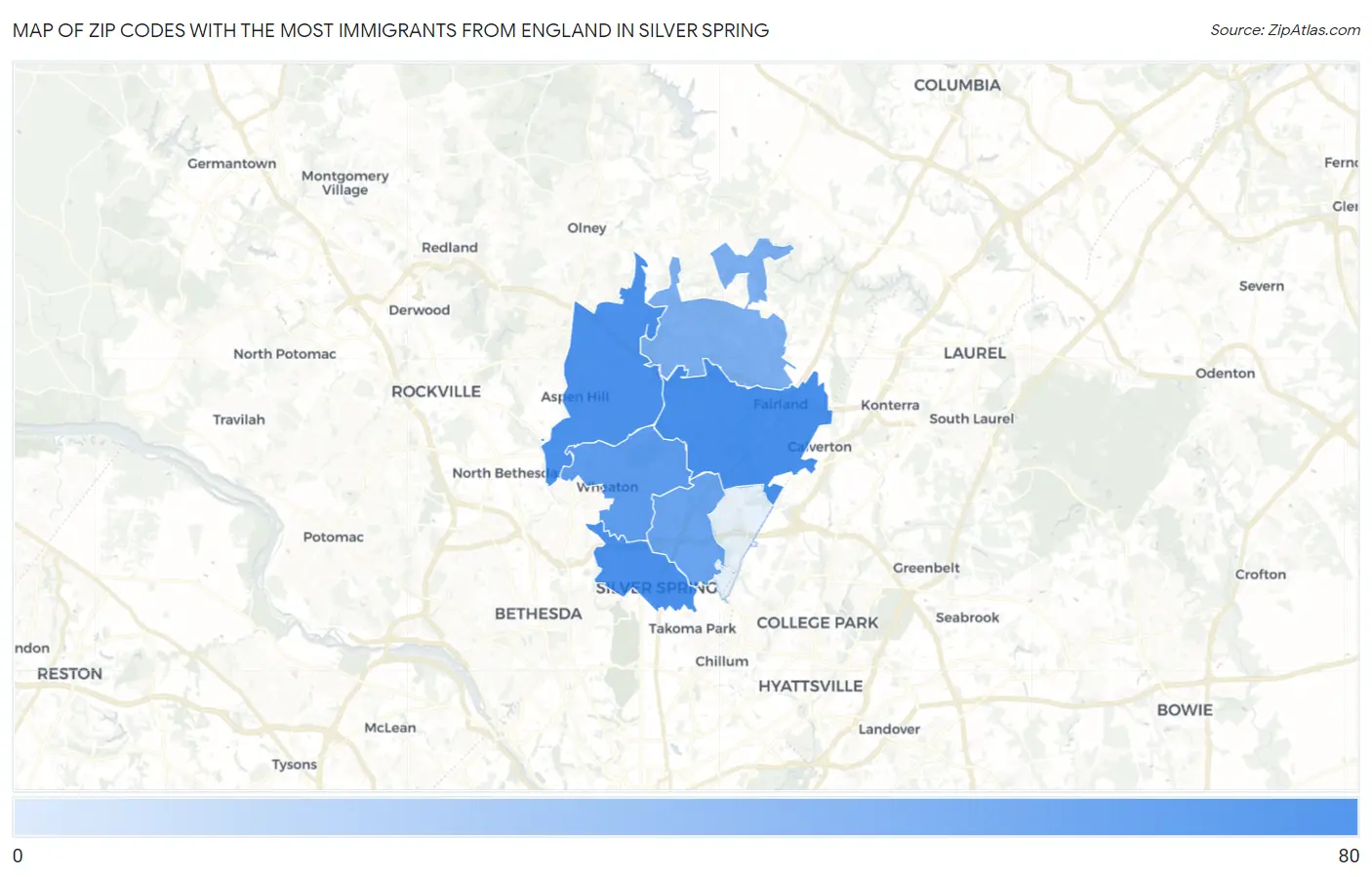 Zip Codes with the Most Immigrants from England in Silver Spring Map