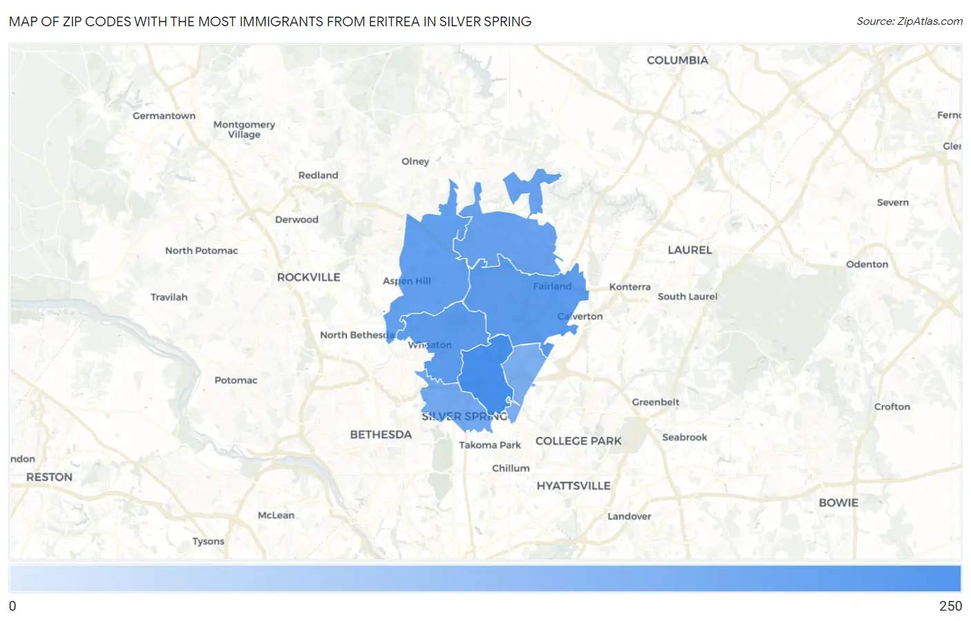 Zip Codes with the Most Immigrants from Eritrea in Silver Spring Map