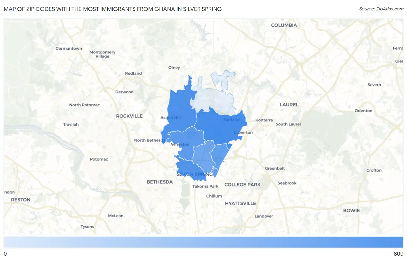 Zip Codes with the Most Immigrants from Ghana in Silver Spring Map