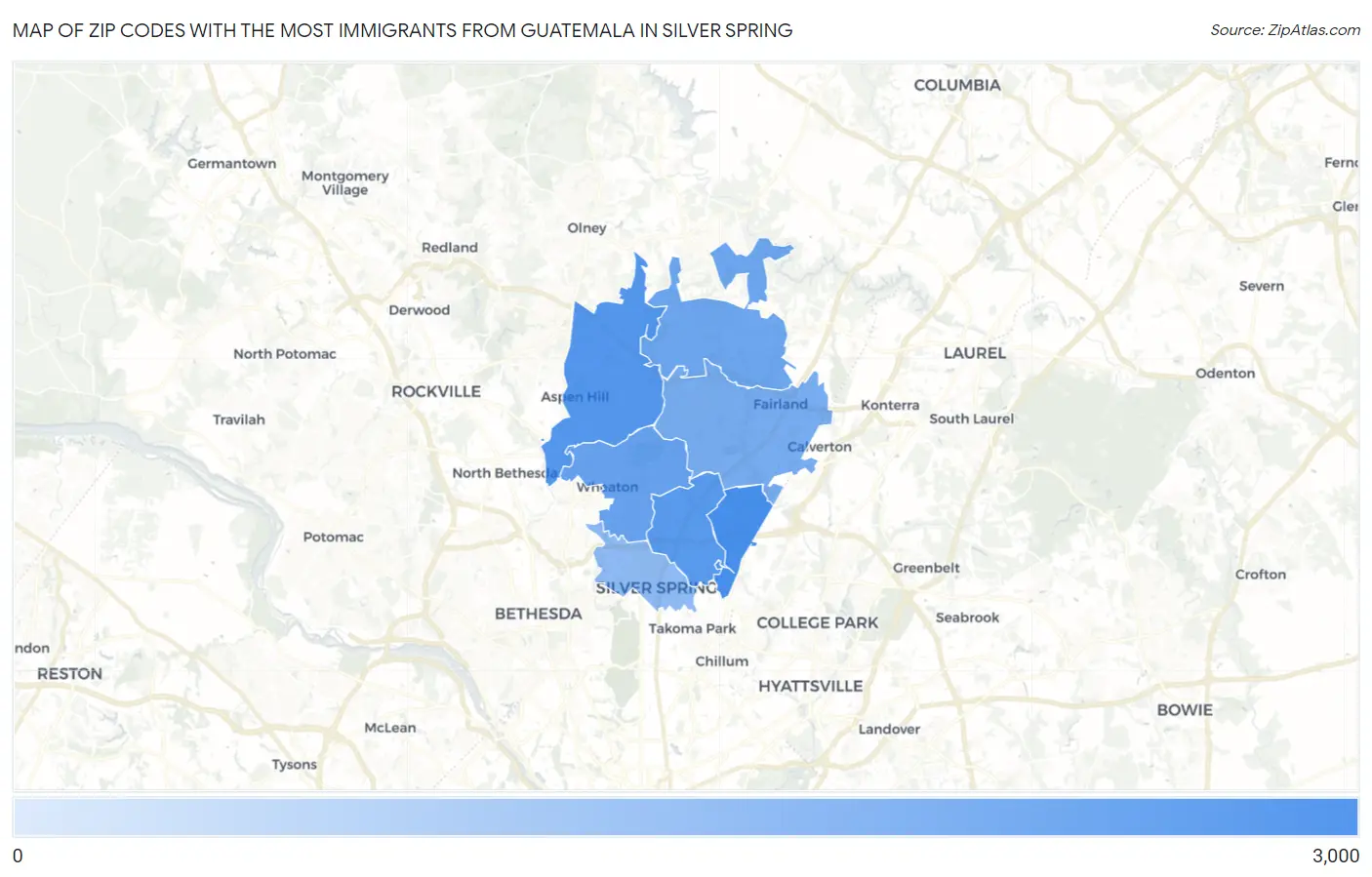 Zip Codes with the Most Immigrants from Guatemala in Silver Spring Map