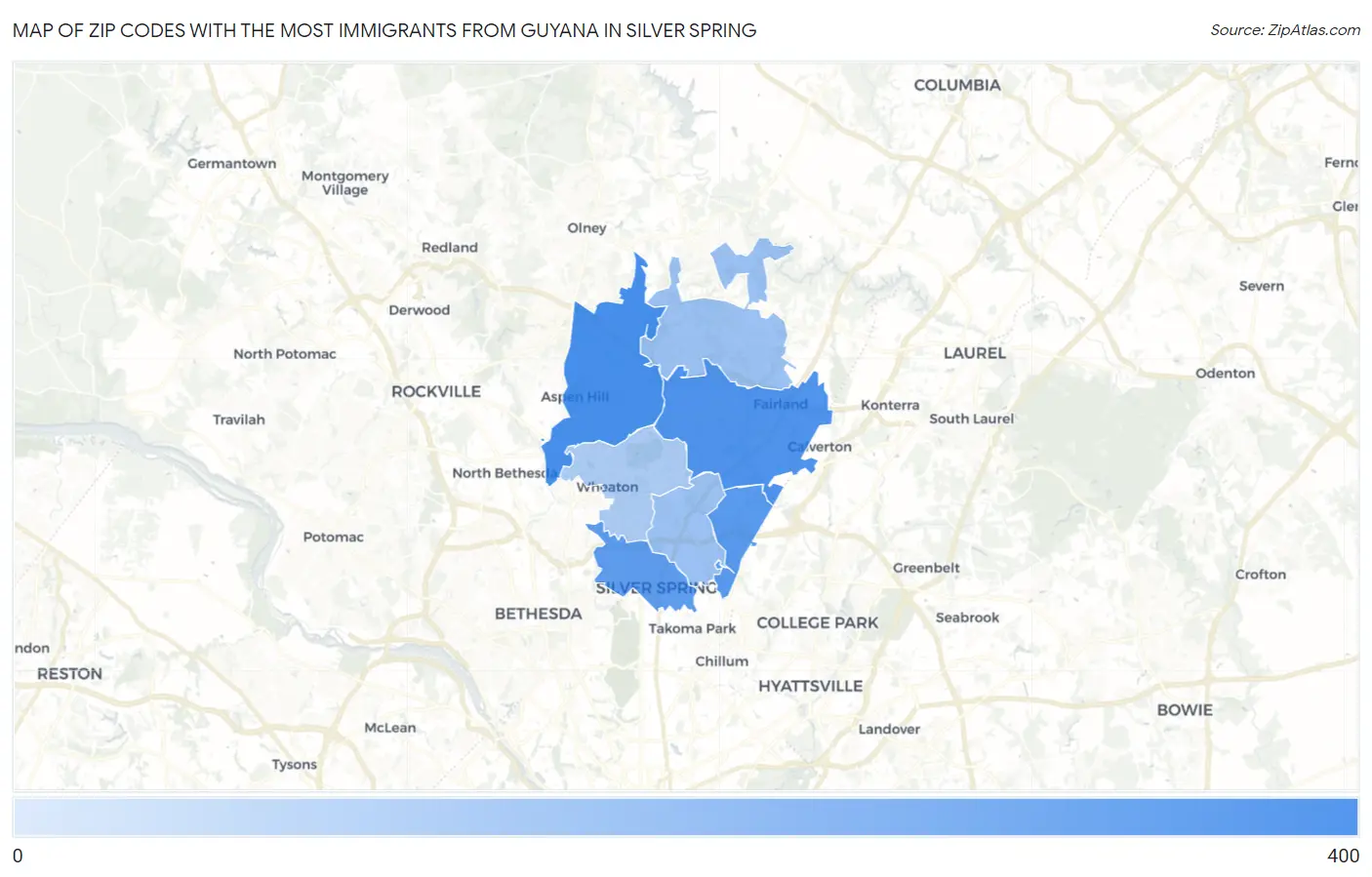 Zip Codes with the Most Immigrants from Guyana in Silver Spring Map
