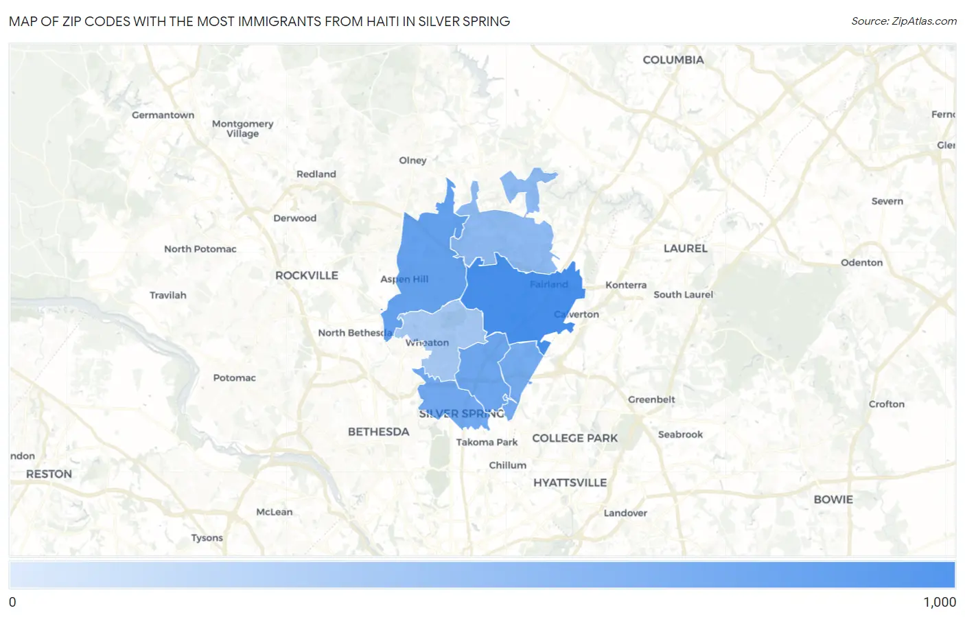 Zip Codes with the Most Immigrants from Haiti in Silver Spring Map