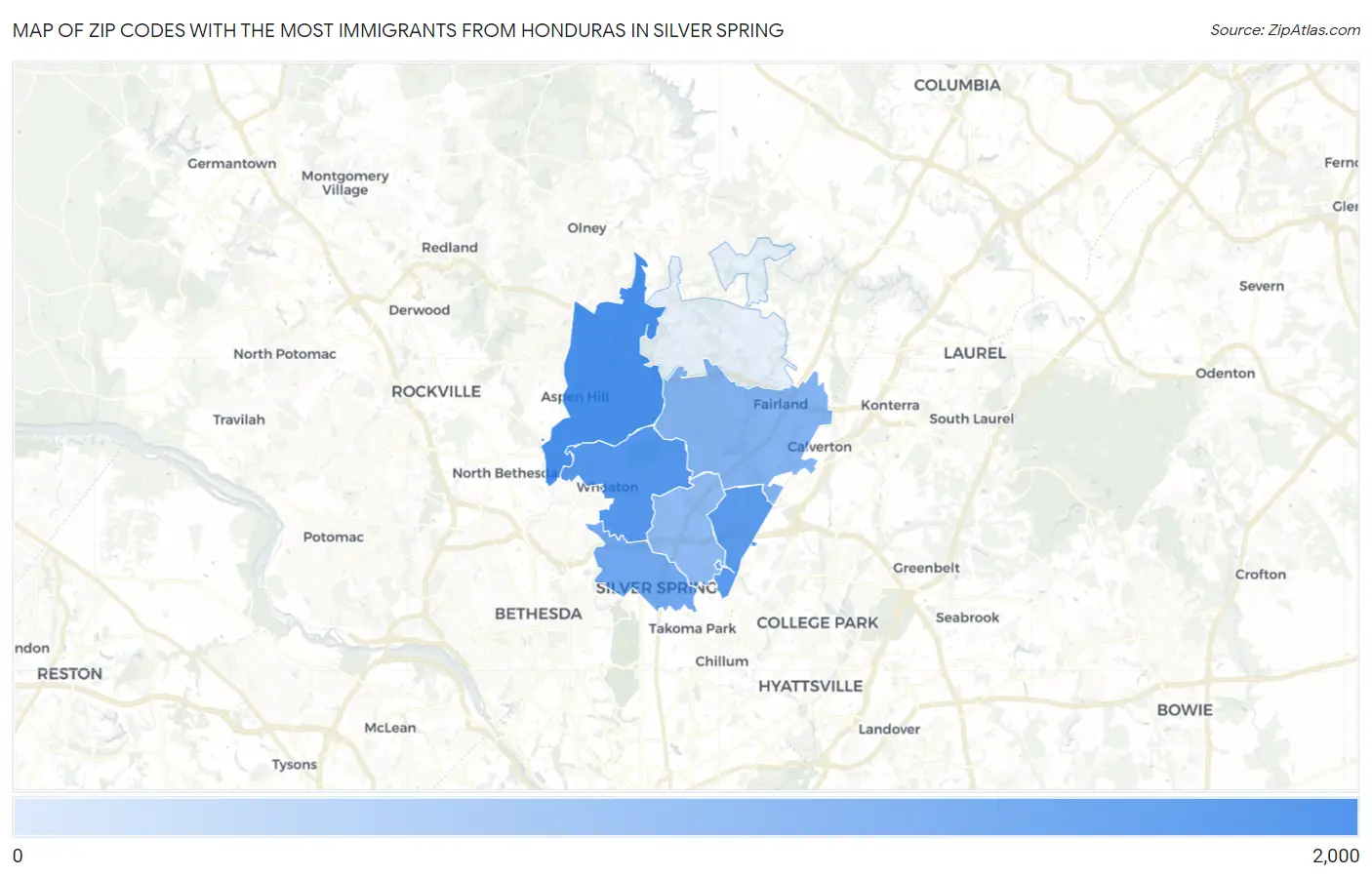 Zip Codes with the Most Immigrants from Honduras in Silver Spring Map